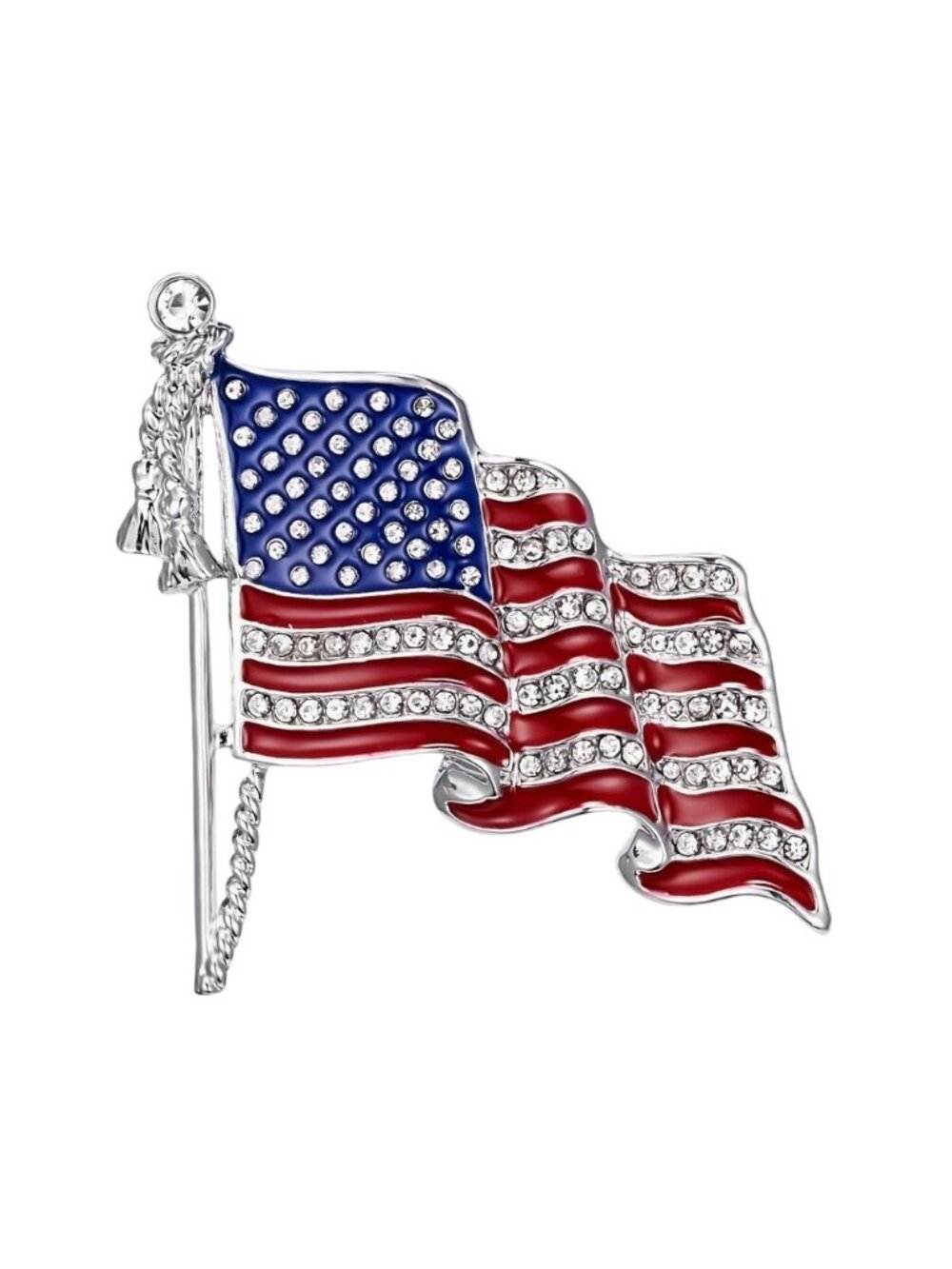 Patriotic Brooch American Flag Crystals Silver Tone